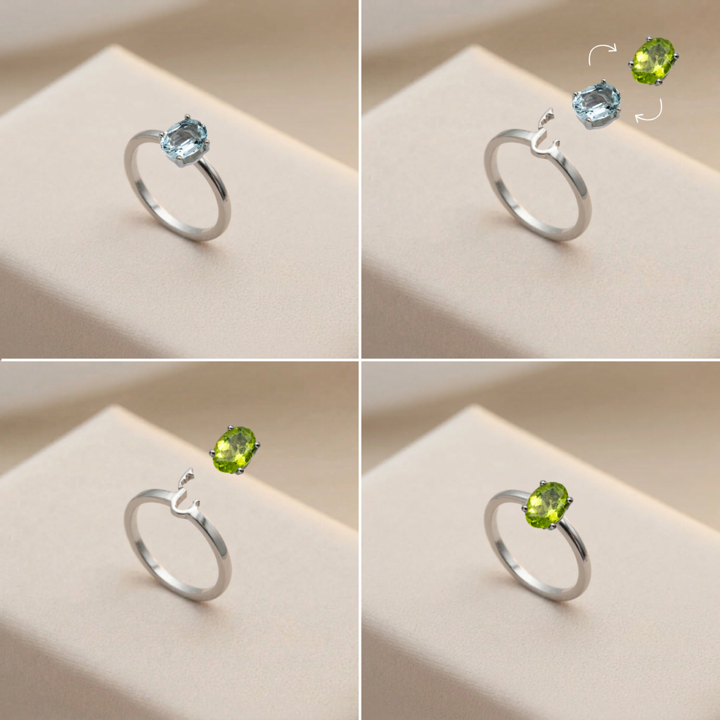 Bague interchangeable acier avec et sans gem péridot vert – Akhal Suisse