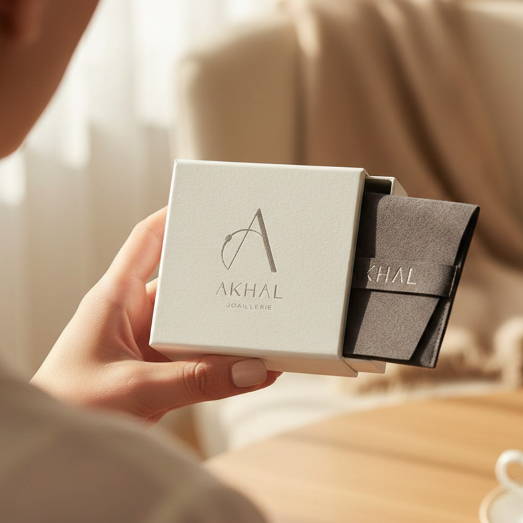 Coffret cadeau bague interchangeable Akhal – packaging joaillerie suisse